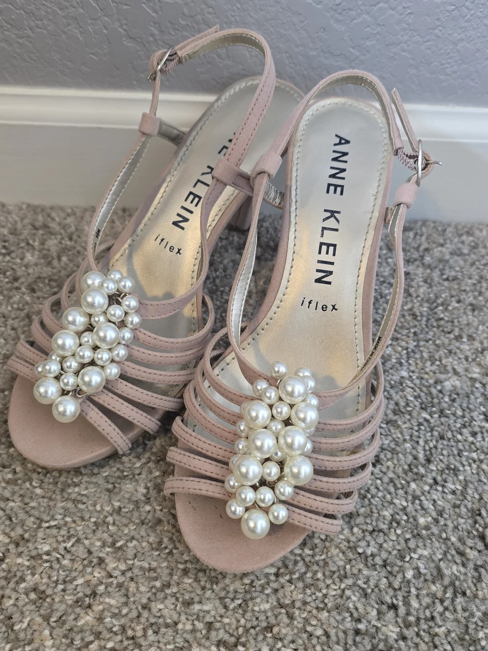 Anne Klein Blush Pink Pearl-Cluster Strappy Heels